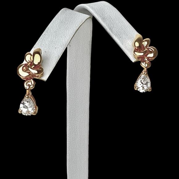 Rhinestone Dangle Earrings Teardrop Bright Clear Sparkle Shiny Gold Tone Post - Picture 2 of 9